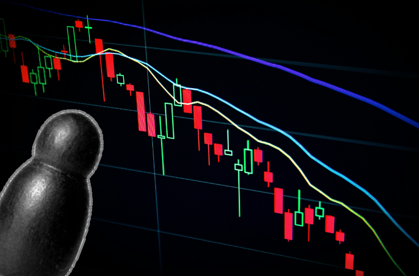 The shadowy form of the robber looms in front of a red graph showing a decrease in revenue.