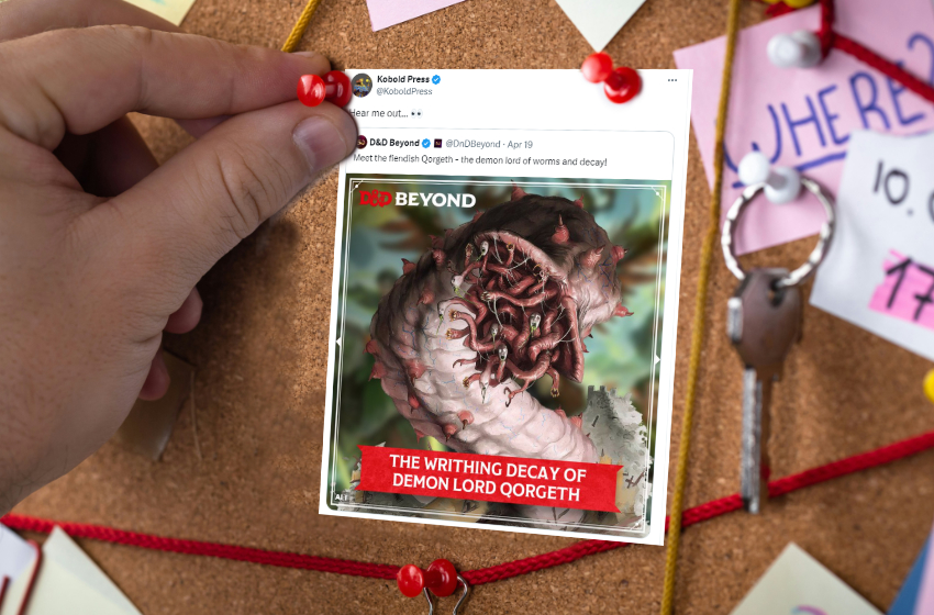 A hand pins a printout of the offending tweet to a cork board surrounded by yarn and clues.