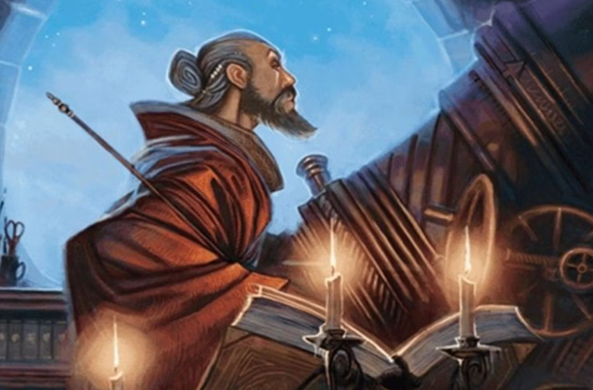 A wizard sits at his spellbook, looking onward as he contemplates the fact that it's his only book.