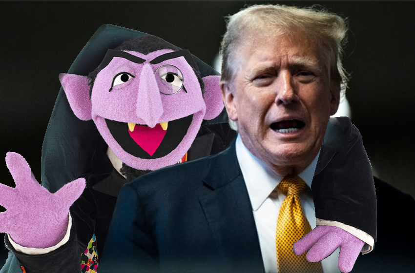 Donald Trump and The Count from Sesame Street pose together in a photo, with the Count hanging an arm over Trump's shoulder.