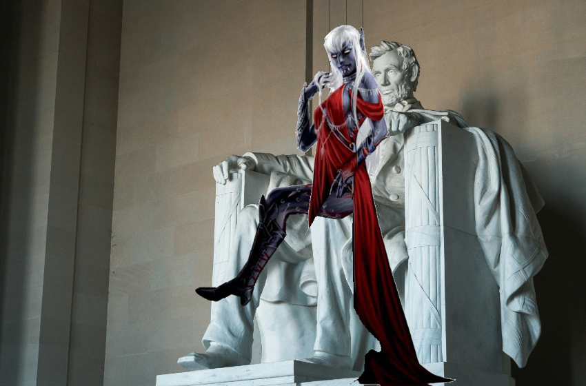 A dark elf woman sits on the lap of Abraham Lincoln's lap in the Lincoln Memorial.