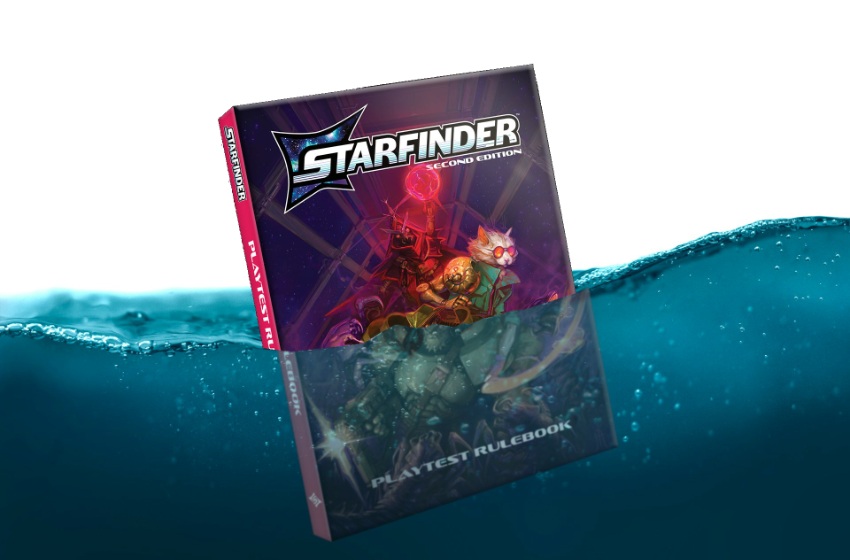 A copy of the Starfinder 2e playtest float in what we hope is water.