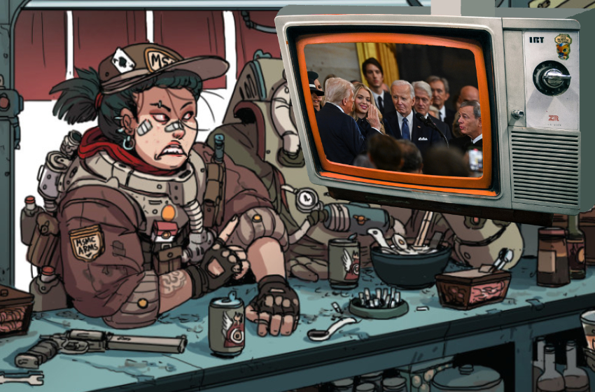 A lancer looks on in disappointment as Trump's inauguration plays on the bar's TV.